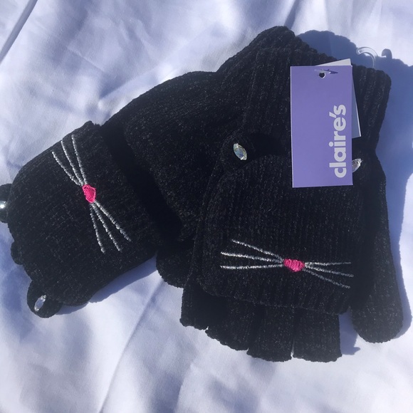 Soft Chenille Black Cat Beanie and Mittens Set - Picture 2 of 7